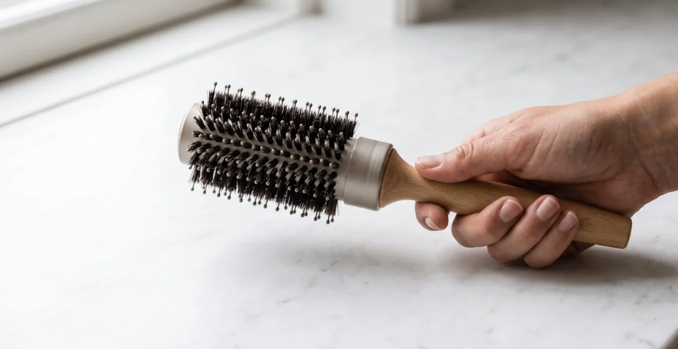 Gros plan d'une brosse soufflante ronde à diamètre moyen tenue dans une main, montrant les picots et le cylindre