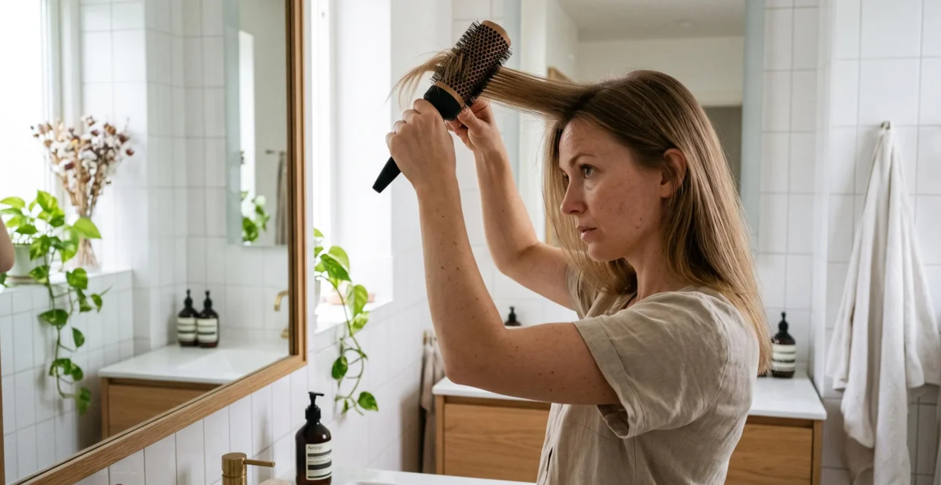 Femme utilisant une brosse soufflante ronde sur ses cheveux fins pour créer du volume à la racine devant un miroir de salle de bain