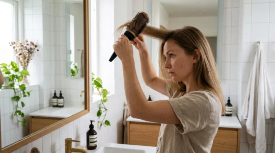Femme utilisant une brosse soufflante ronde sur ses cheveux fins pour créer du volume à la racine devant un miroir de salle de bain