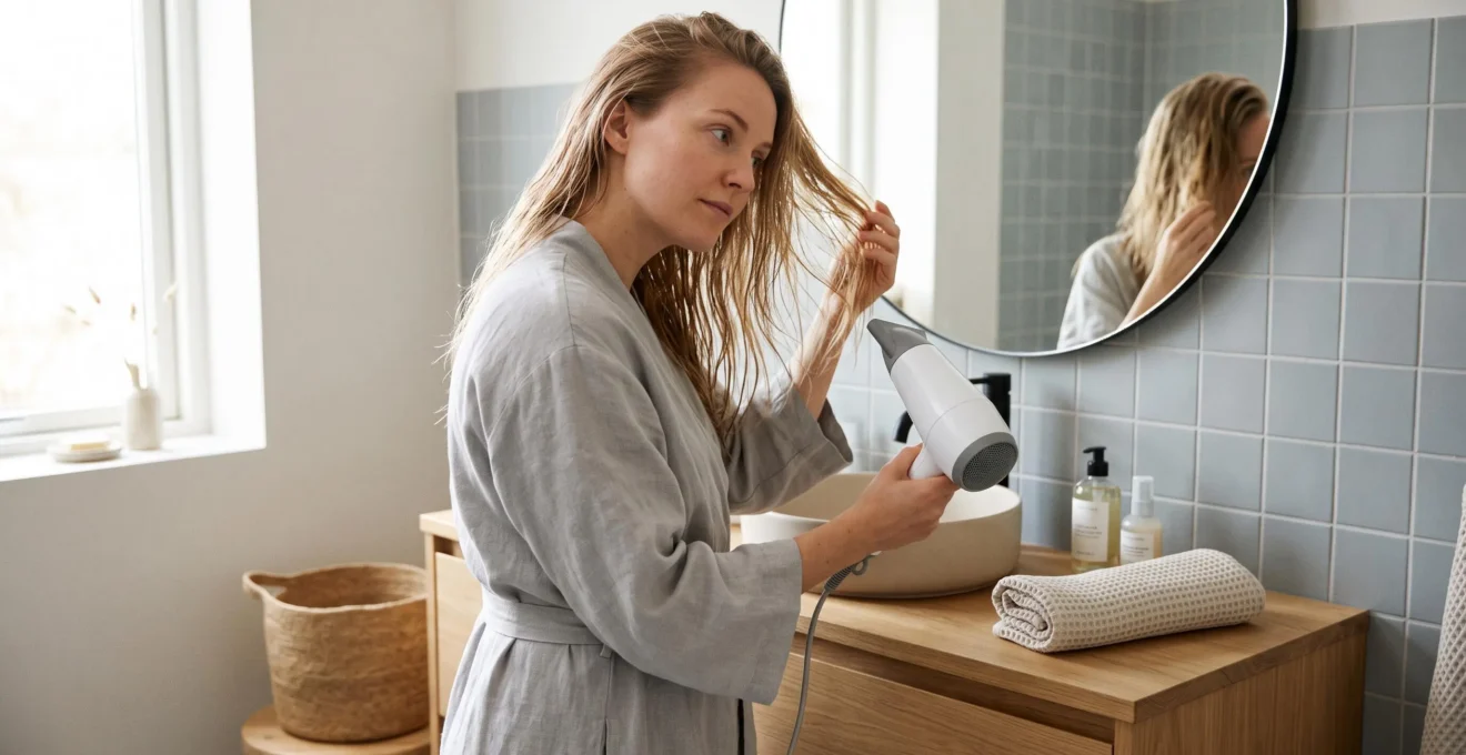 Femme pré-séchant ses cheveux fins humides avec un sèche-cheveux avant d'utiliser la brosse soufflante