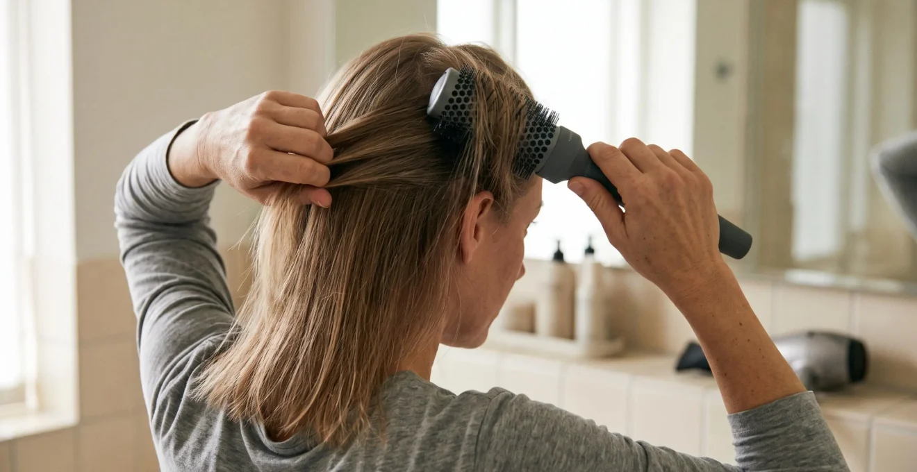 Vue arrière d'une femme sectionnant ses cheveux fins et positionnant une brosse soufflante à la racine pour créer du volume